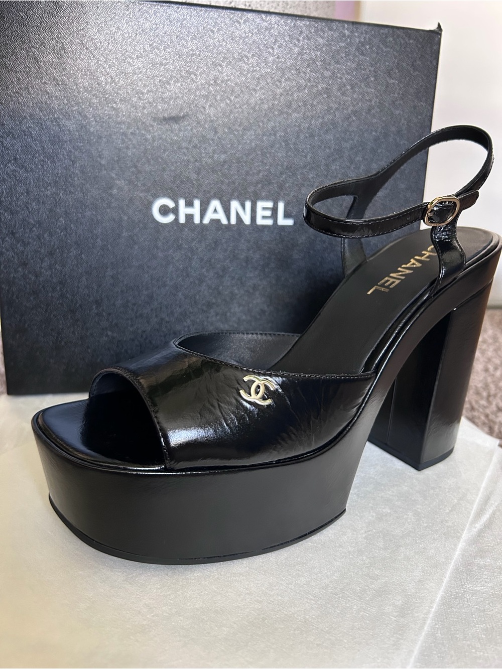 CHANEL US 9.5 Black Patent Leather Platform Peep-Toe Slingback Sandals brand new
